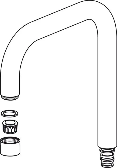 Rohrauslauf-Set von Ideal Standard, bestehend aus einem gebogenen Rohr und mehreren Dichtungen zur Befestigung und Abdichtung an einem Wasseranschluss.